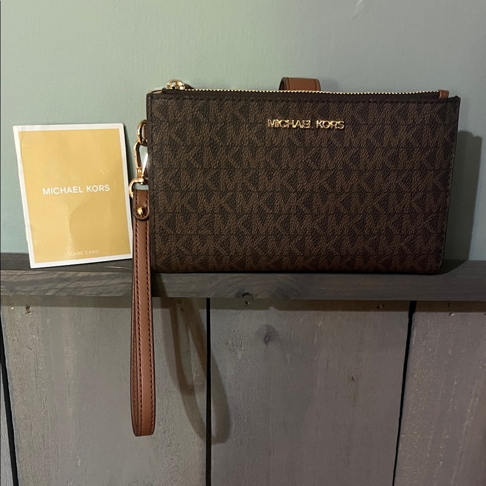 Michael Kors Brown Logo Print Wristlet with Gold Hardware